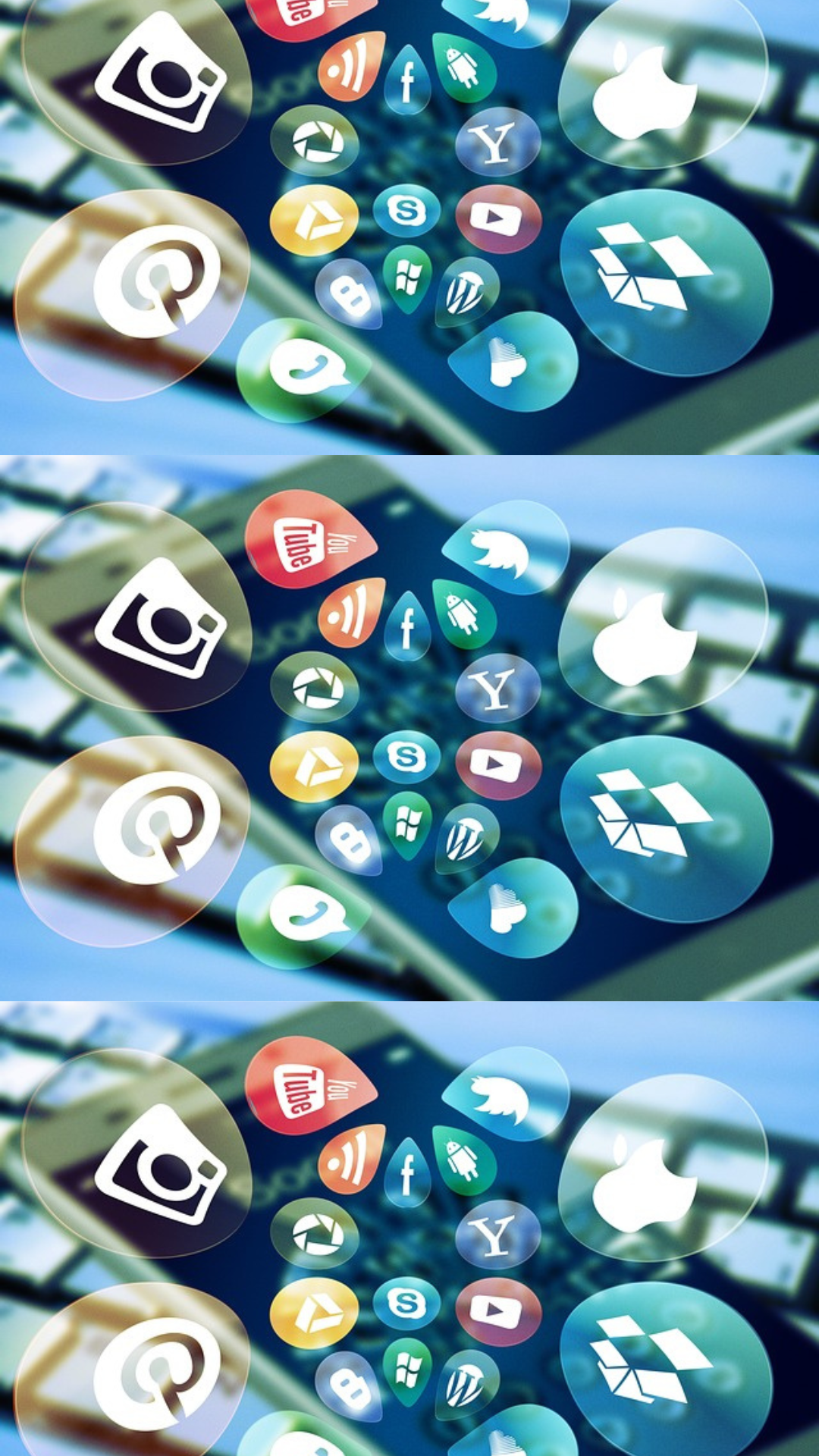 Creative illustration of social media and app icons like Instagram, YouTube, Twitter, Facebook, Skype, and Dropbox used by a Digital Marketing Company in Surat.