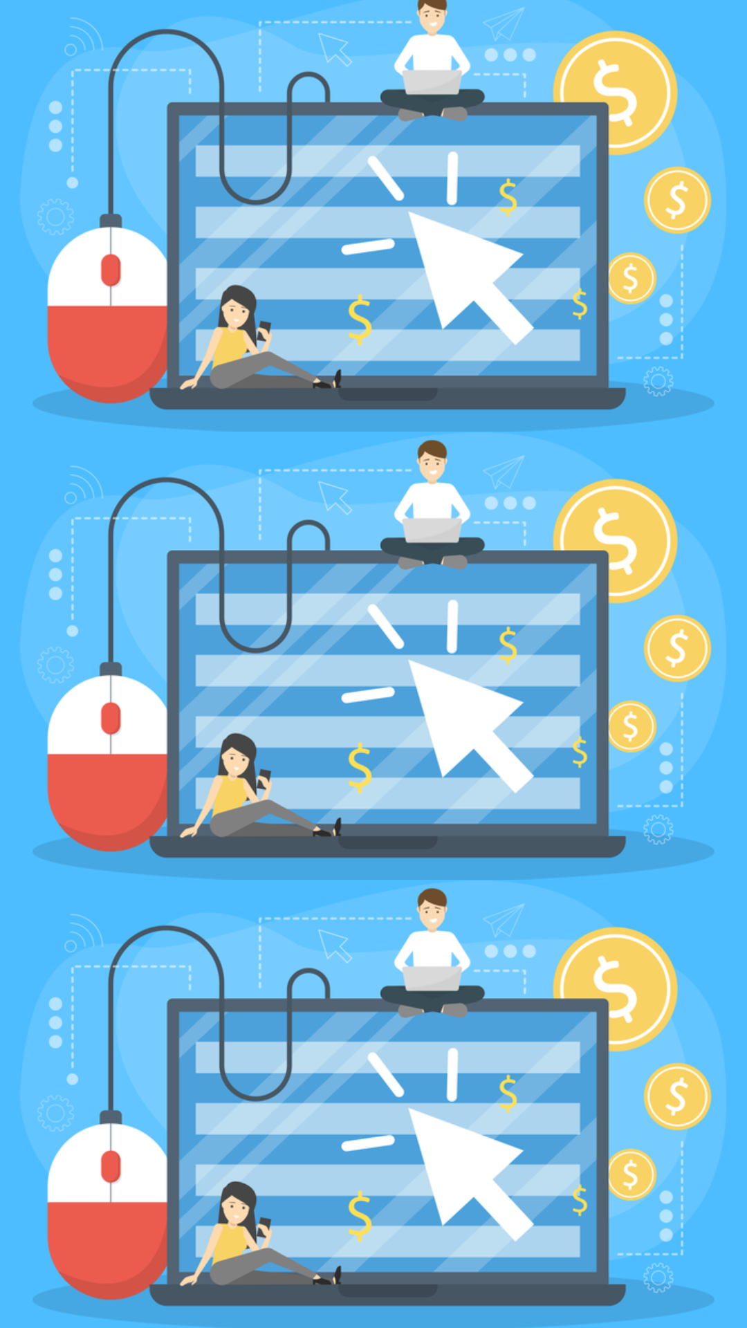 Illustration of paid ads with laptop, mouse, money signs, and people using digital devices